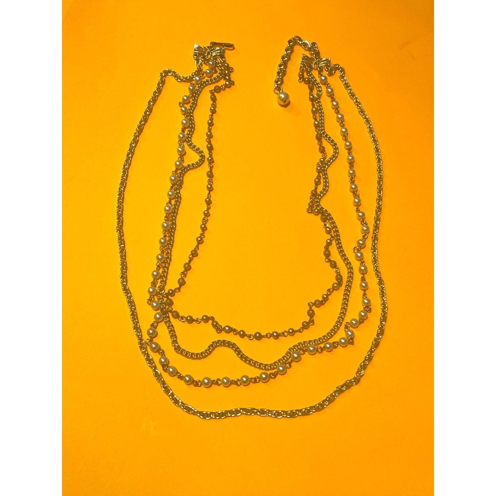 Vintage, Coro Gold-Tone Faux Pearl Multi-layer Four Strand Chain Necklace Retro